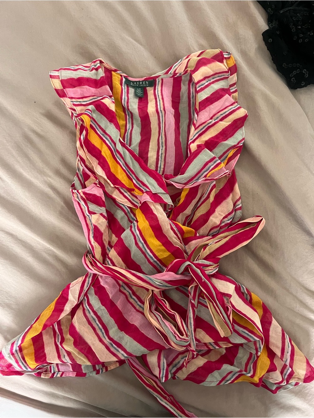Lauren Ralph Pink Multi-Stripe Ruffle Wrap top